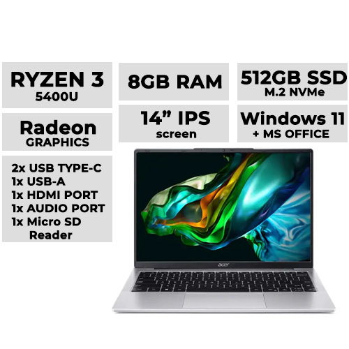 Acer Aspire Lite 14 (Silver) Laptop 14" IPS | Ryzen 3 5400U | 8GB DDR4 | 512GB NVMe SSD | Radeon Graphics (Model: AL14-45P-R10U)